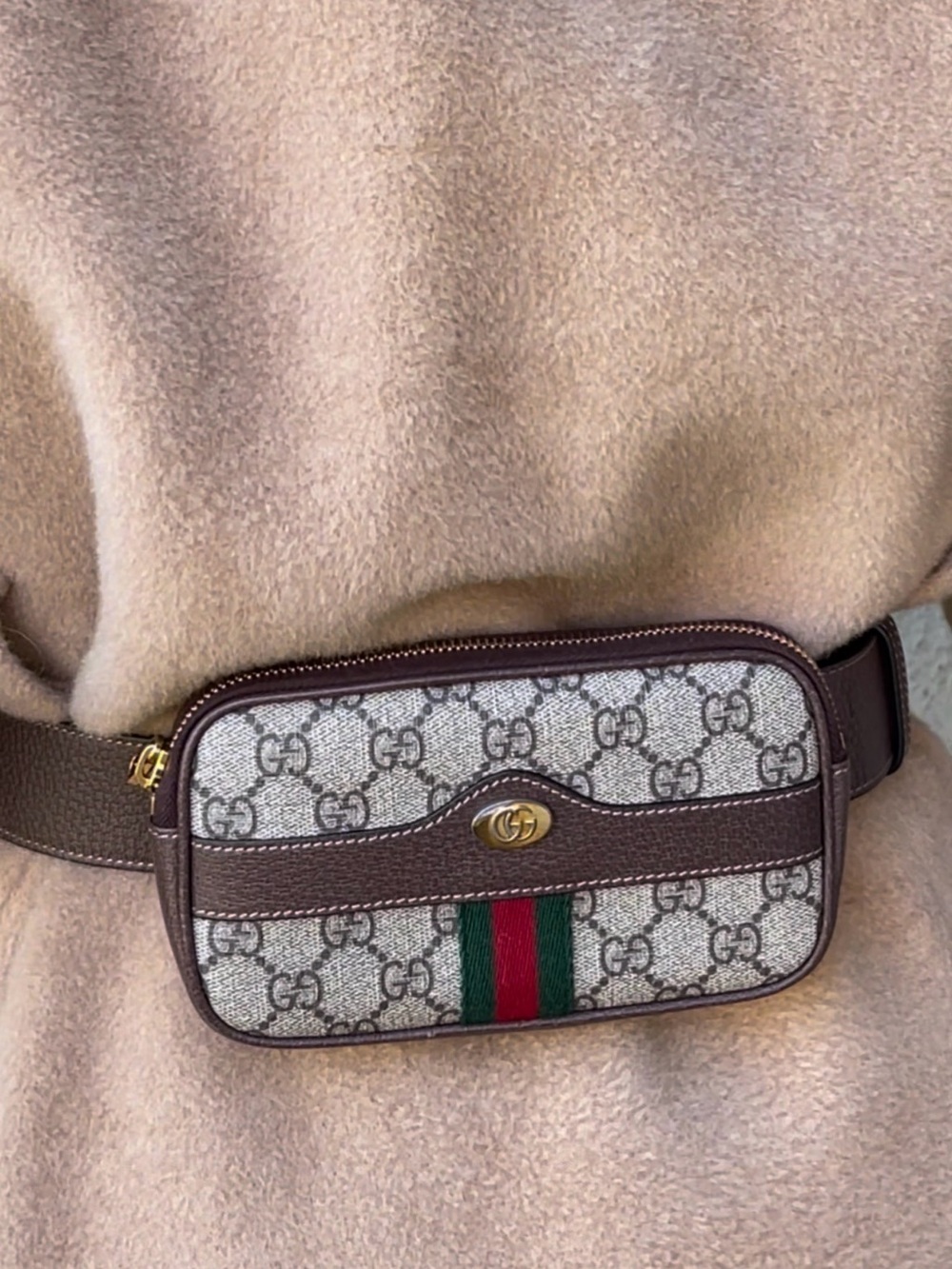 Gucci Brown GG Supreme Canvas Belt with Leather Trim and Gold Buckle.